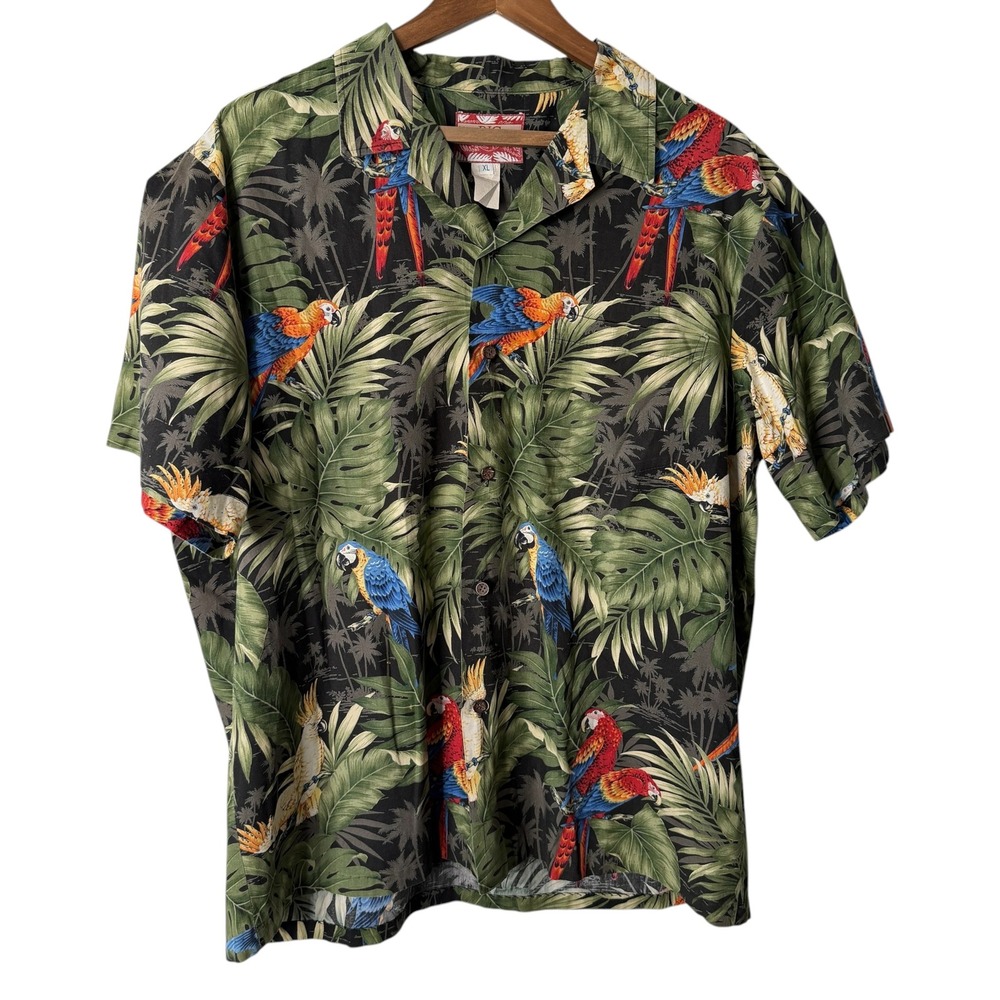 Vintage RJC Mens XL Hawaiian Shirt Parrot Tropical Leaf Print Black Made in USA